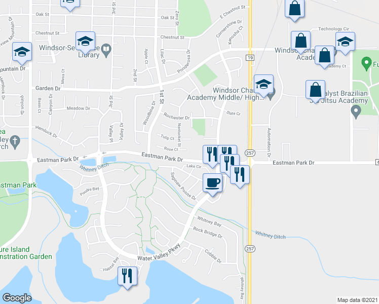 map of restaurants, bars, coffee shops, grocery stores, and more near 107 Rose Court in Windsor