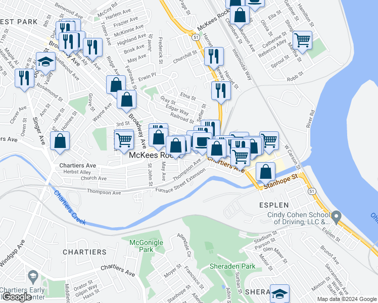 map of restaurants, bars, coffee shops, grocery stores, and more near 732 Chartiers Avenue in McKees Rocks