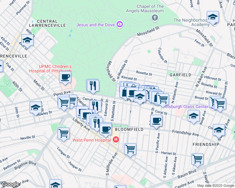 map of restaurants, bars, coffee shops, grocery stores, and more near 112 North Mathilda Street in Pittsburgh