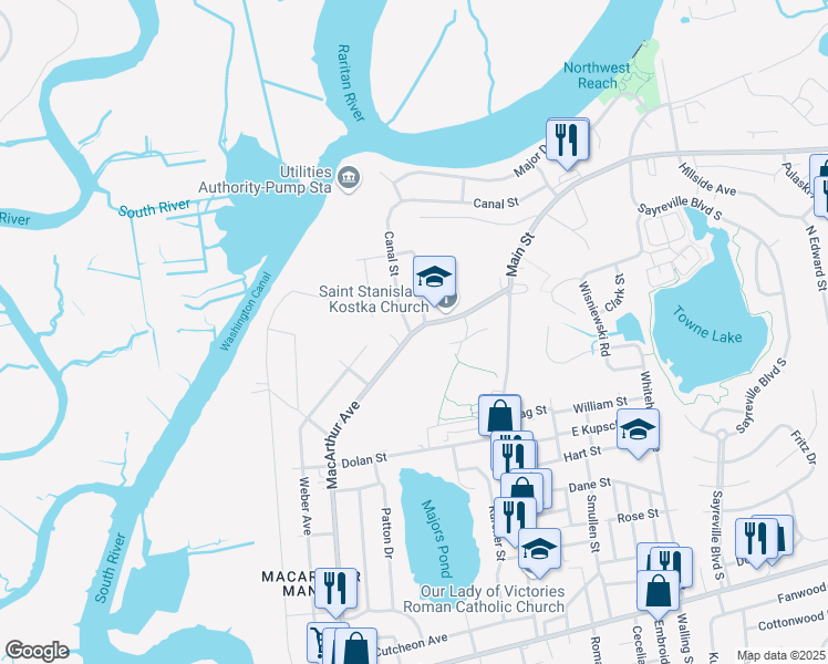map of restaurants, bars, coffee shops, grocery stores, and more near 205 MacArthur Avenue in Sayreville