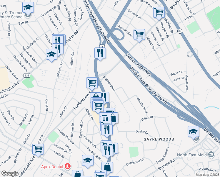 map of restaurants, bars, coffee shops, grocery stores, and more near 13 Eugene Boulevard in South Amboy