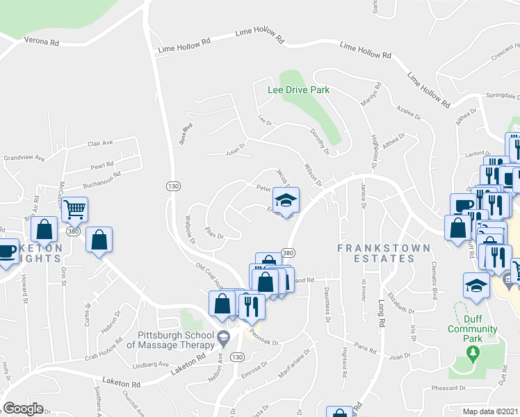 map of restaurants, bars, coffee shops, grocery stores, and more near 215 Erhardt Drive in Pittsburgh