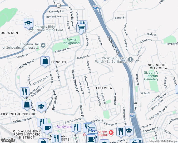 map of restaurants, bars, coffee shops, grocery stores, and more near 324 Lafayette Avenue in Pittsburgh