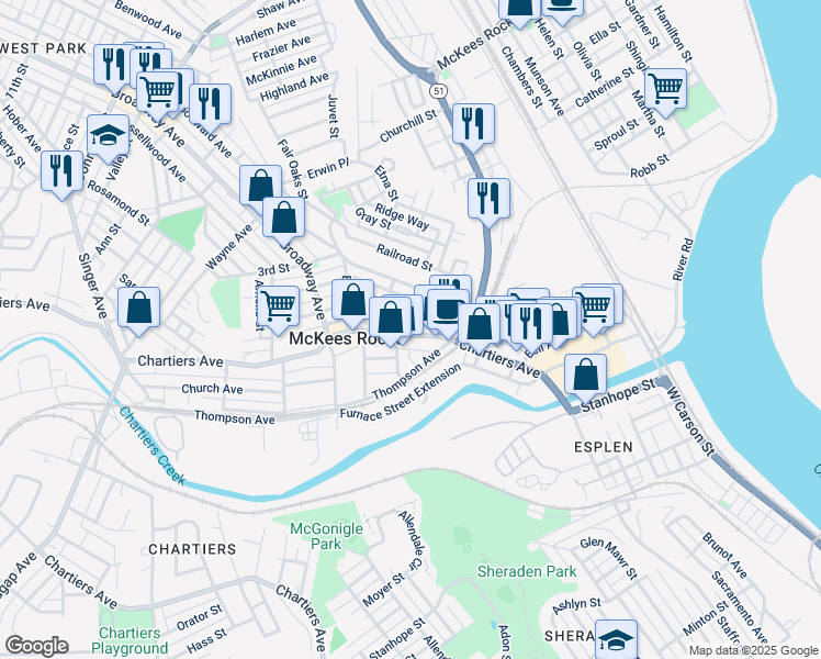map of restaurants, bars, coffee shops, grocery stores, and more near 738 Chartiers Avenue in McKees Rocks