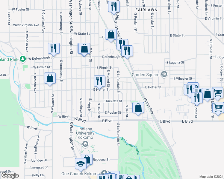 map of restaurants, bars, coffee shops, grocery stores, and more near 311 East Hoffer Street in Kokomo