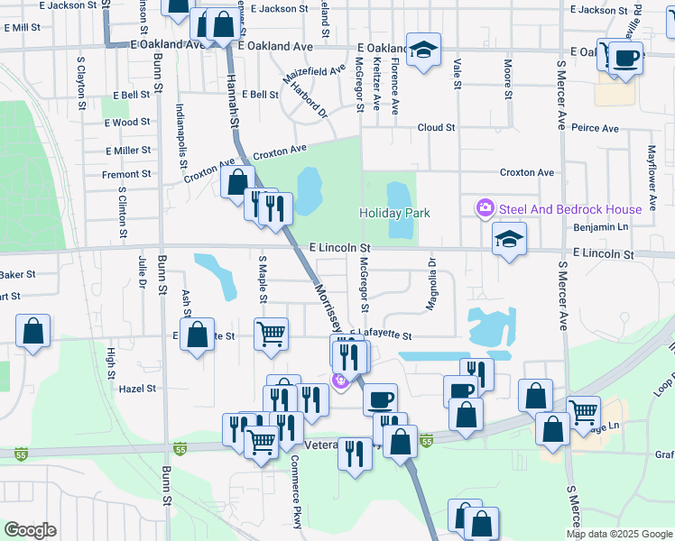 map of restaurants, bars, coffee shops, grocery stores, and more near 1205 Colonial Avenue in Bloomington