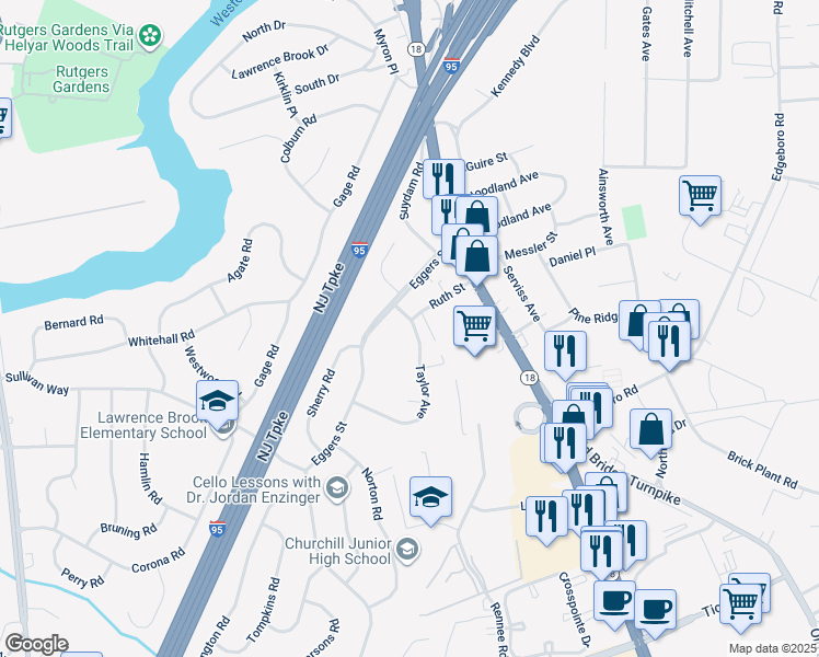 map of restaurants, bars, coffee shops, grocery stores, and more near 26 Eggers Street in East Brunswick