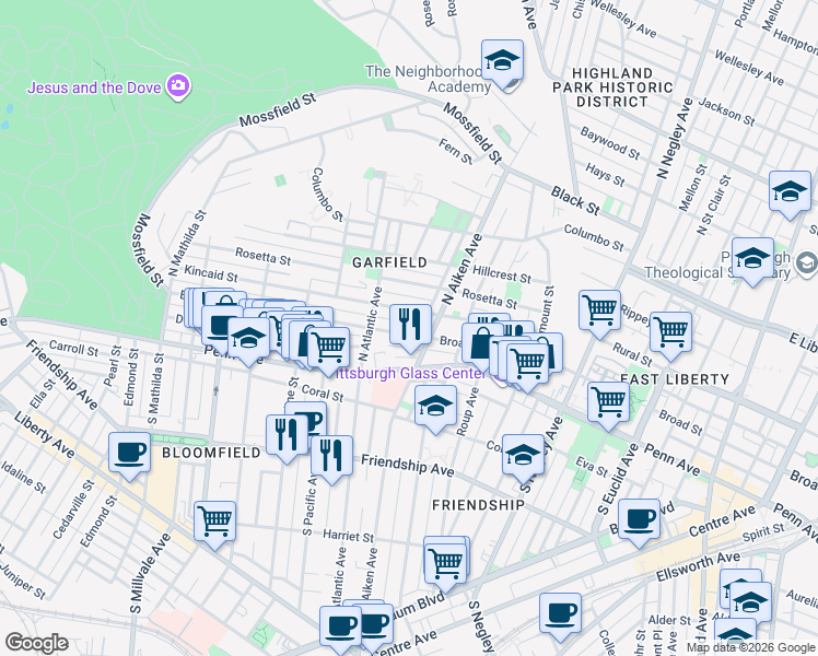 map of restaurants, bars, coffee shops, grocery stores, and more near 5349 Waterford Street in Pittsburgh