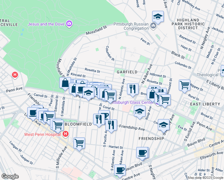 map of restaurants, bars, coffee shops, grocery stores, and more near 5205 Dearborn Street in Pittsburgh