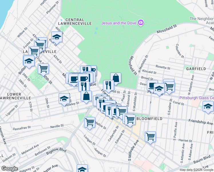 map of restaurants, bars, coffee shops, grocery stores, and more near 4533 Friendship Avenue in Pittsburgh
