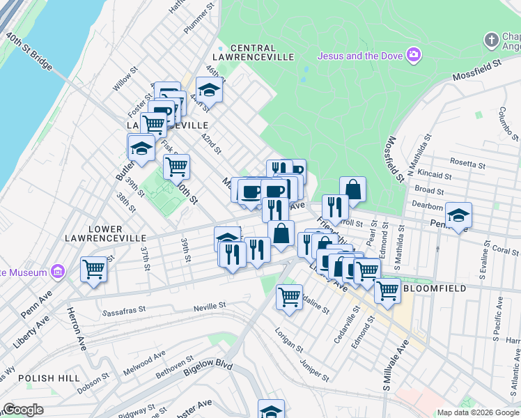 map of restaurants, bars, coffee shops, grocery stores, and more near in Pittsburgh