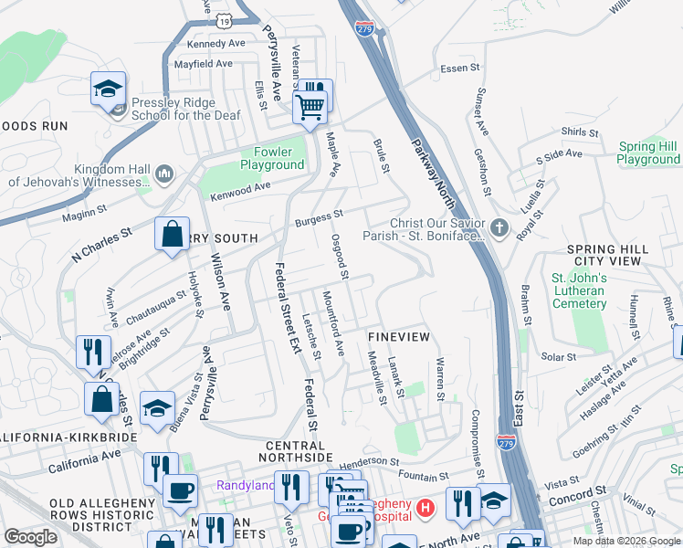 map of restaurants, bars, coffee shops, grocery stores, and more near 324 Lafayette Avenue in Pittsburgh