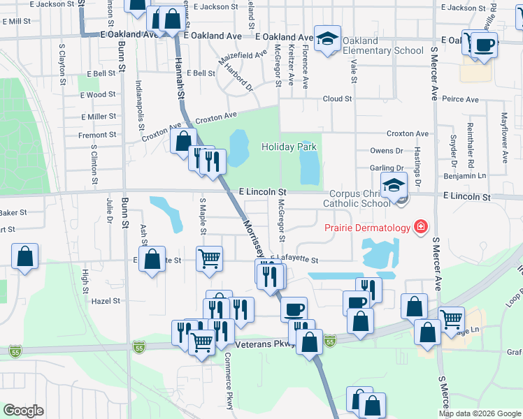 map of restaurants, bars, coffee shops, grocery stores, and more near 1205 Colonial Avenue in Bloomington