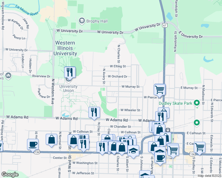 map of restaurants, bars, coffee shops, grocery stores, and more near 615 Avery Street in Macomb