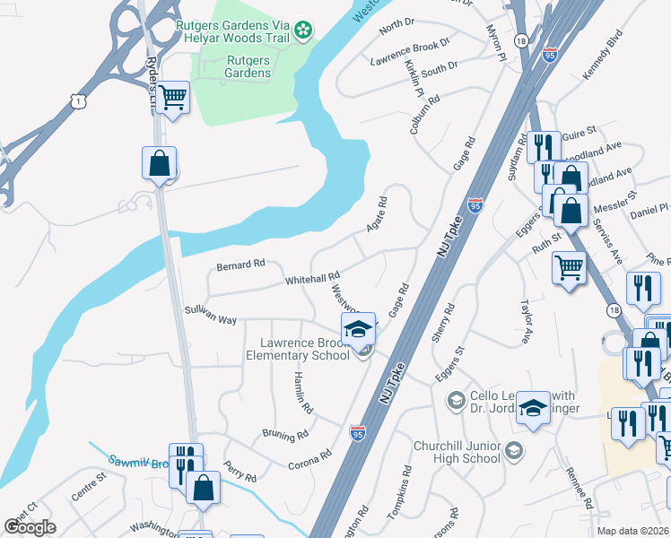 map of restaurants, bars, coffee shops, grocery stores, and more near 36 Whitehall Road in East Brunswick