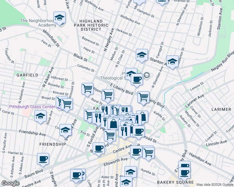 map of restaurants, bars, coffee shops, grocery stores, and more near 414 North Beatty Street in Pittsburgh