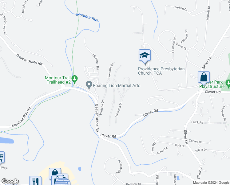 map of restaurants, bars, coffee shops, grocery stores, and more near 1602 Ventana Drive in Coraopolis