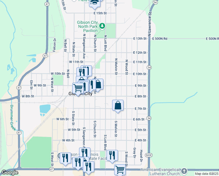 map of restaurants, bars, coffee shops, grocery stores, and more near 111 North Melvin Street in Gibson City