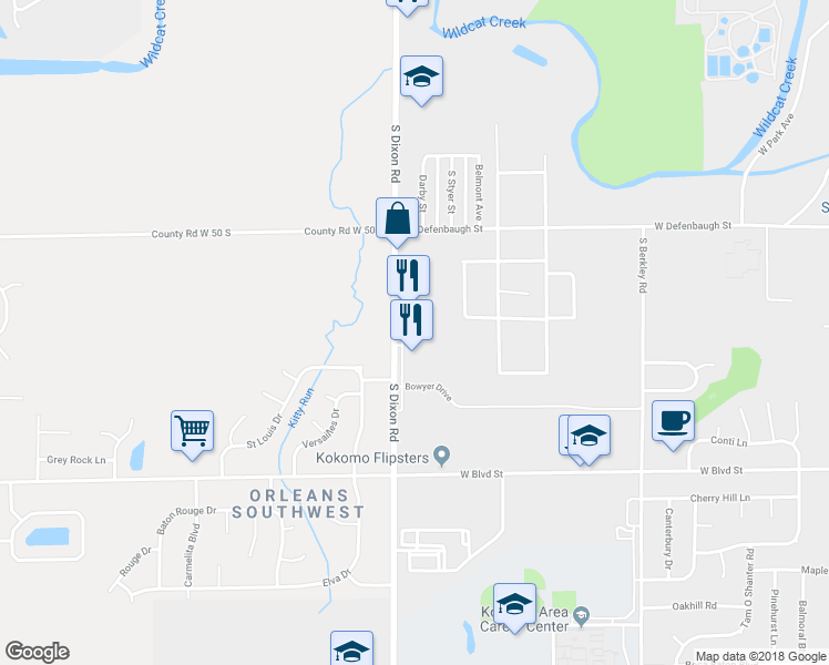 map of restaurants, bars, coffee shops, grocery stores, and more near 1542 South Dixon Road in Kokomo