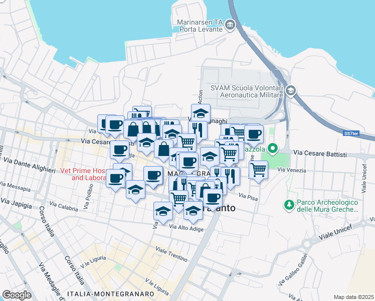 map of restaurants, bars, coffee shops, grocery stores, and more near 3 Via Zara in Taranto