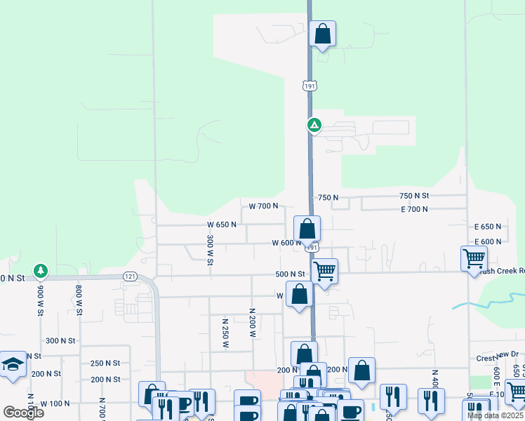 map of restaurants, bars, coffee shops, grocery stores, and more near 151 West 700 North in Vernal