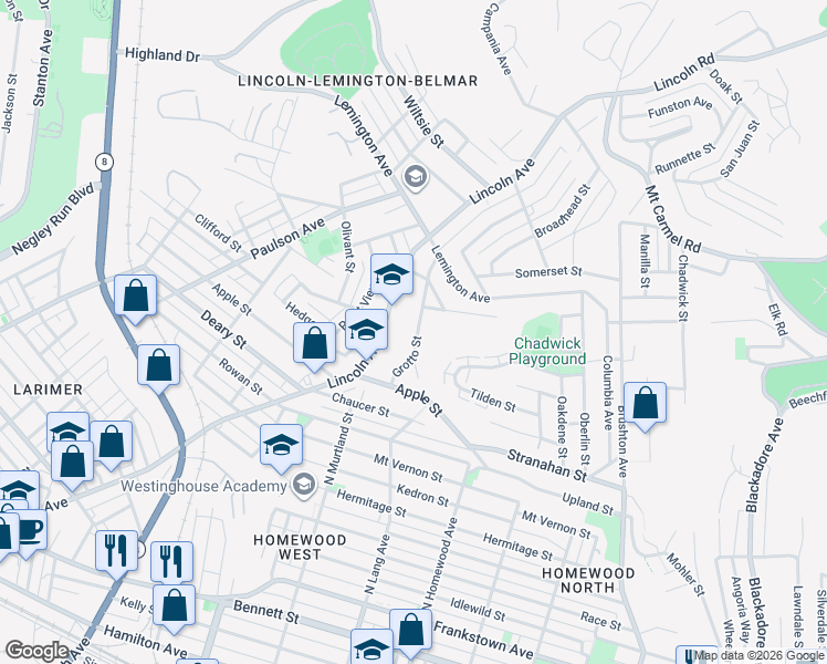 map of restaurants, bars, coffee shops, grocery stores, and more near 7110 Mingo Street in Pittsburgh