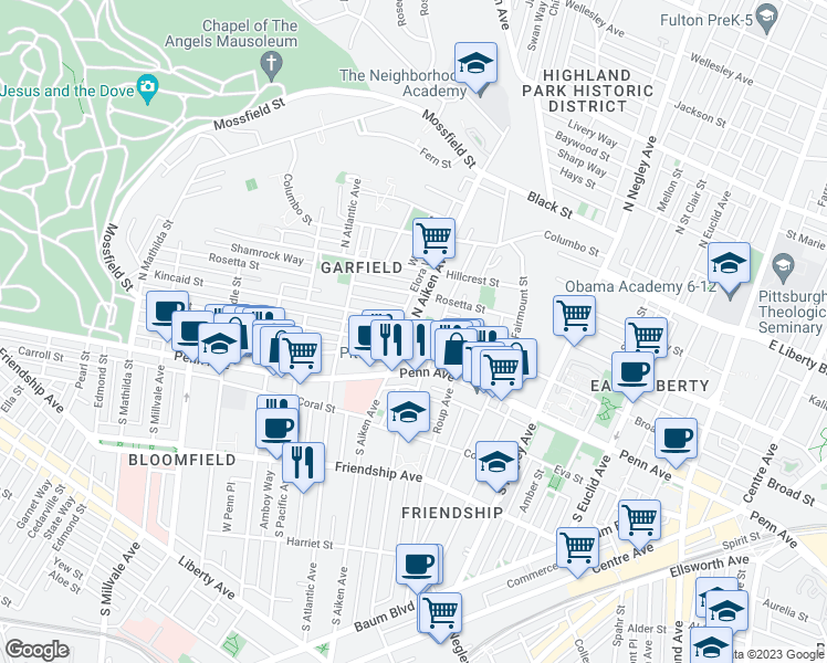 map of restaurants, bars, coffee shops, grocery stores, and more near 5422 Broad Street in Pittsburgh