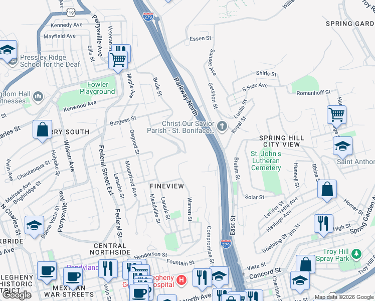 map of restaurants, bars, coffee shops, grocery stores, and more near 258 Peekskill Street in Pittsburgh