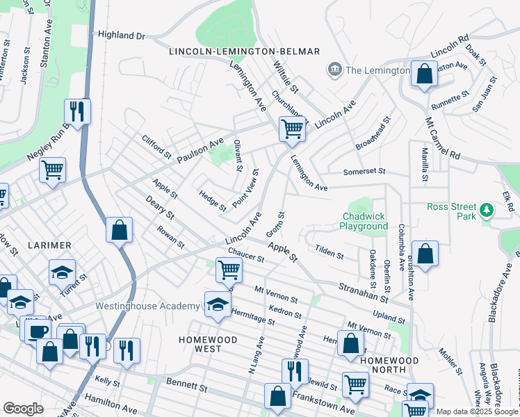 map of restaurants, bars, coffee shops, grocery stores, and more near Lincoln Avenue in Pittsburgh
