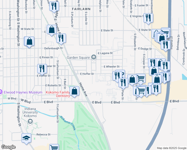 map of restaurants, bars, coffee shops, grocery stores, and more near 817 East Hoffer Street in Kokomo
