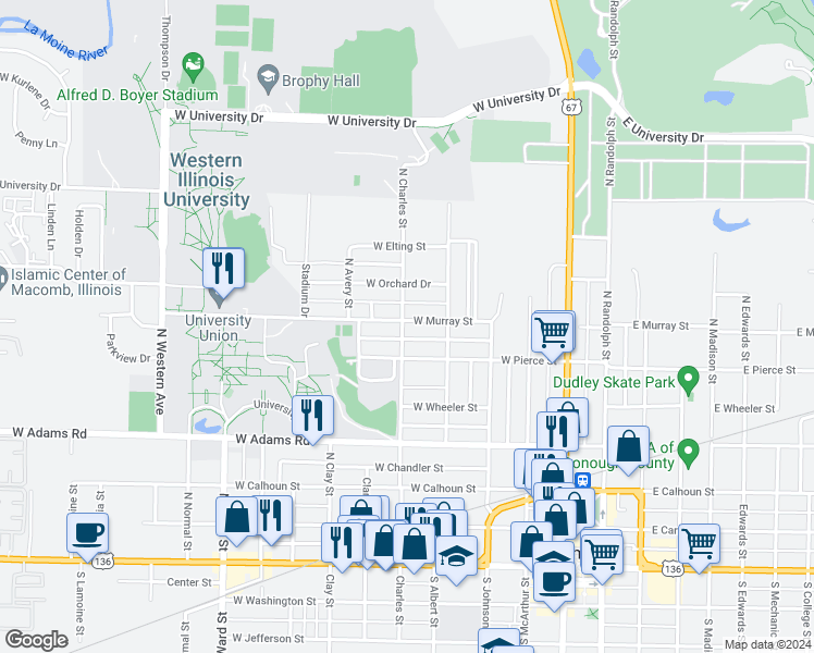 map of restaurants, bars, coffee shops, grocery stores, and more near 443 West Murray Street in Macomb