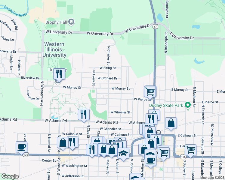 map of restaurants, bars, coffee shops, grocery stores, and more near 437 West Murray Street in Macomb