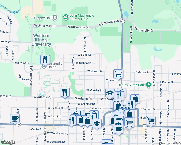 map of restaurants, bars, coffee shops, grocery stores, and more near 421 West Murray Street in Macomb