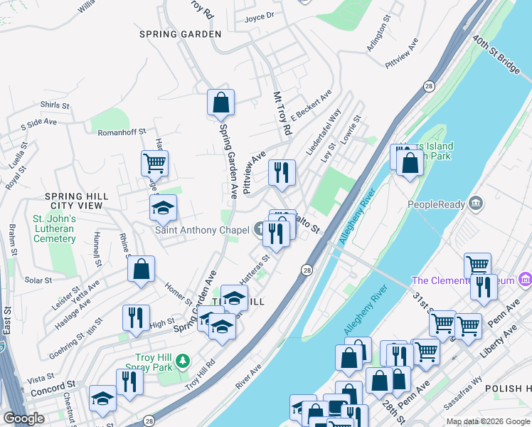 map of restaurants, bars, coffee shops, grocery stores, and more near 1814 Eberhardt Avenue in Pittsburgh
