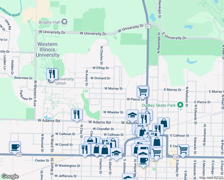 map of restaurants, bars, coffee shops, grocery stores, and more near 405 West Murray Street in Macomb