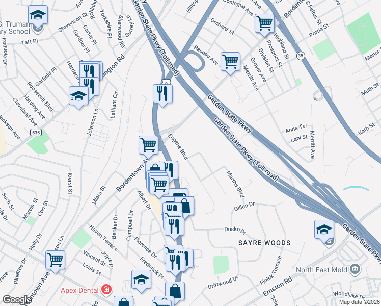 map of restaurants, bars, coffee shops, grocery stores, and more near 13 Eugene Boulevard in South Amboy