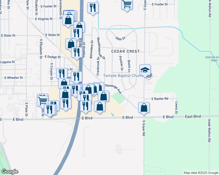 map of restaurants, bars, coffee shops, grocery stores, and more near 1812 Cadillac Court in Kokomo