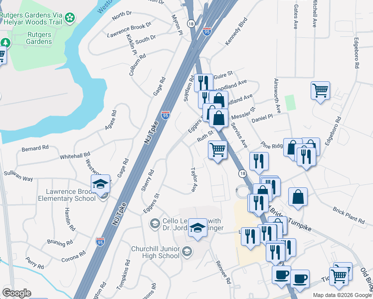 map of restaurants, bars, coffee shops, grocery stores, and more near 26 Eggers Street in East Brunswick