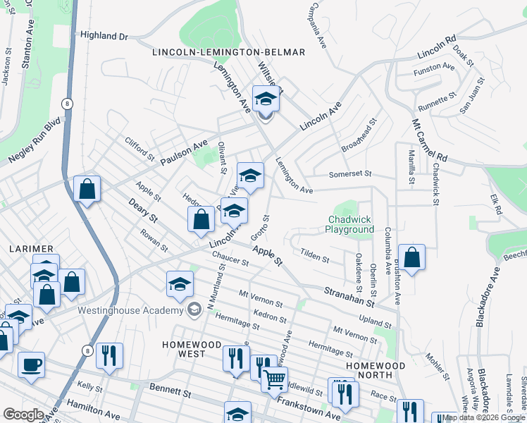 map of restaurants, bars, coffee shops, grocery stores, and more near 7110 Mingo Street in Pittsburgh