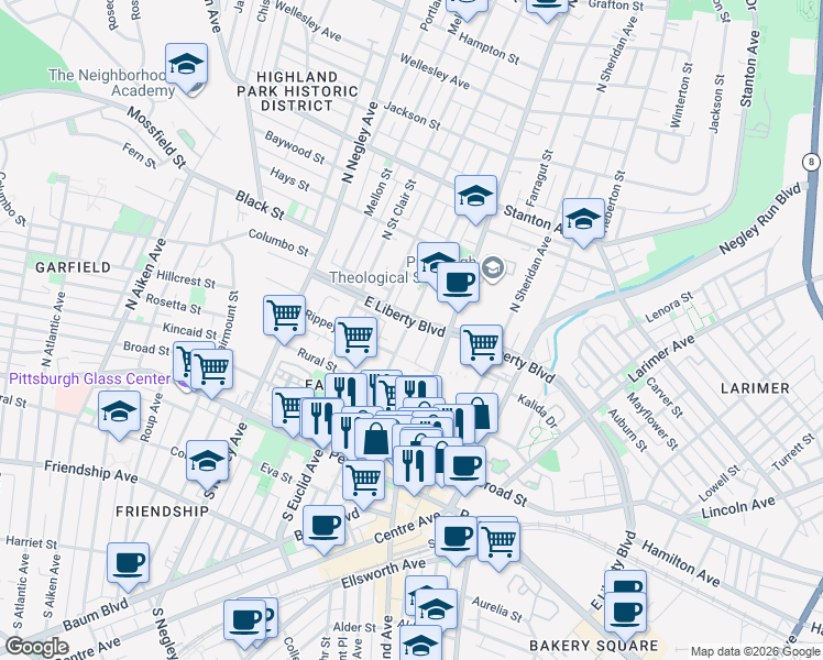 map of restaurants, bars, coffee shops, grocery stores, and more near 414 North Beatty Street in Pittsburgh