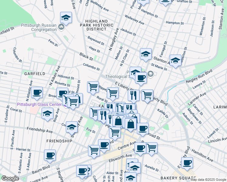 map of restaurants, bars, coffee shops, grocery stores, and more near 5800 Rippey Street in Pittsburgh