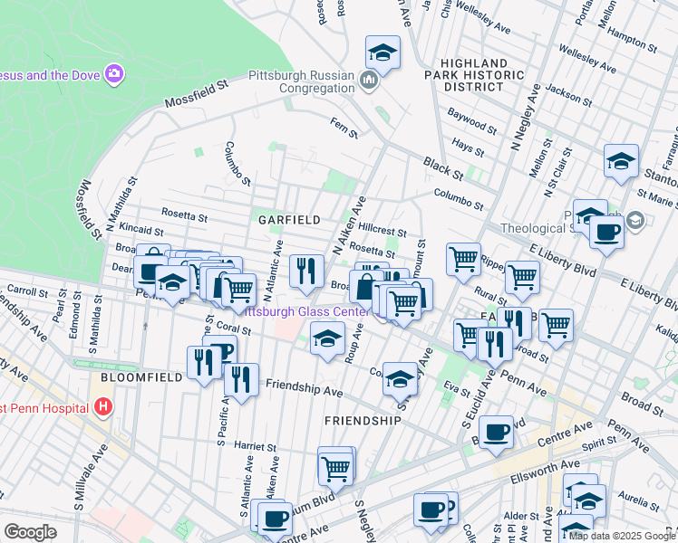 map of restaurants, bars, coffee shops, grocery stores, and more near 5422 Broad Street in Pittsburgh