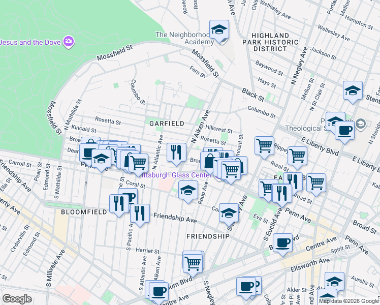 map of restaurants, bars, coffee shops, grocery stores, and more near 5422 Broad Street in Pittsburgh