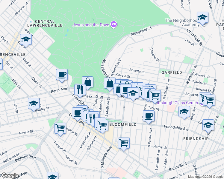map of restaurants, bars, coffee shops, grocery stores, and more near 4823 Penn Avenue in Pittsburgh