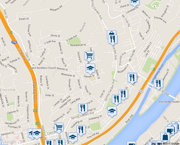 map of restaurants, bars, coffee shops, grocery stores, and more near 1332 Damas Street in Pittsburgh
