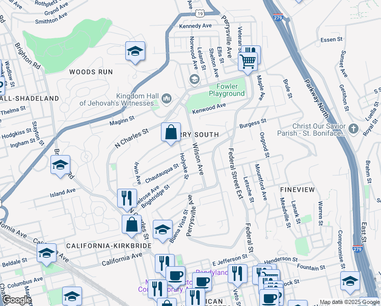 map of restaurants, bars, coffee shops, grocery stores, and more near in Pittsburgh