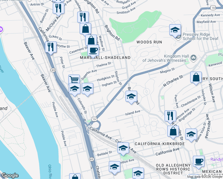 map of restaurants, bars, coffee shops, grocery stores, and more near 1170 New Hampshire Drive in Pittsburgh