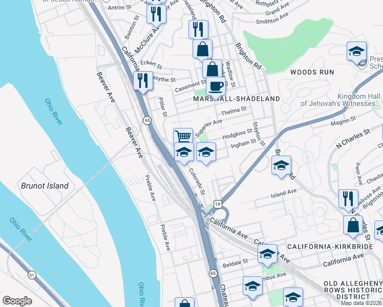 map of restaurants, bars, coffee shops, grocery stores, and more near 2454 Colorado Street in Pittsburgh