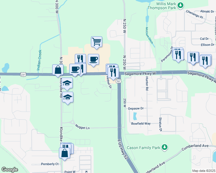 map of restaurants, bars, coffee shops, grocery stores, and more near 2604 Demmings Court in West Lafayette