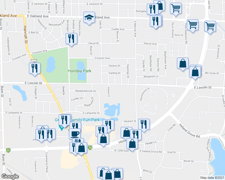 map of restaurants, bars, coffee shops, grocery stores, and more near 1008 Arlene Court in Bloomington